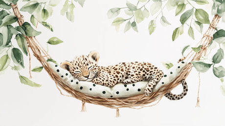 Leopard cub wallpaper design file with detailed watercolor artwork and cascading leaves pattern