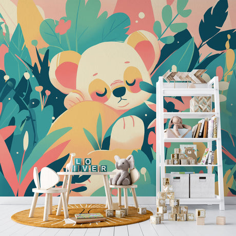 Koala jungle wallpaper bringing charm to a modern nursery with natural wood furniture and soft textiles