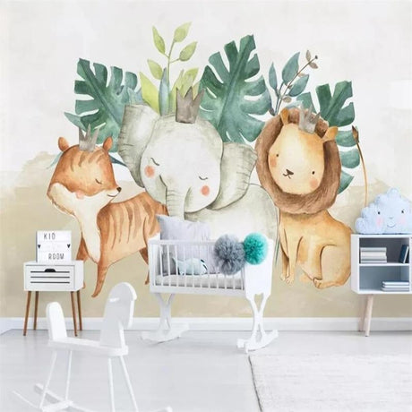 Safari animals wallpaper in bright nursery with white furniture, showing gentle elephant and playful lion
