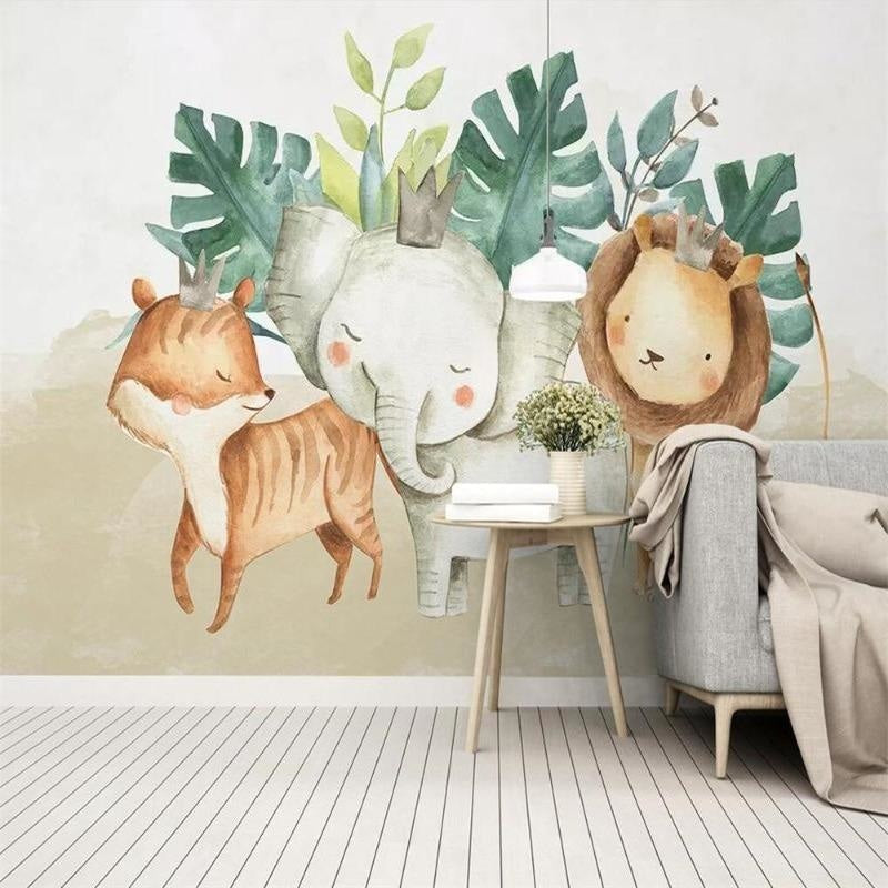 Safari friends wallpaper in playroom setting with natural light showing full wall application