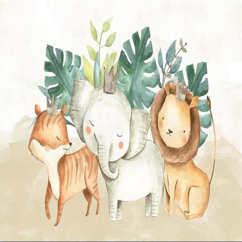 Watercolor jungle mural in modern children's room showing scale and color matching with furniture