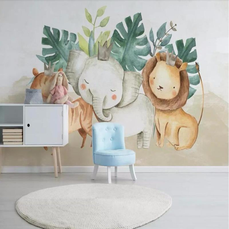 Watercolor Safari Animals design file showing full pattern with monstera leaves and gentle jungle creatures