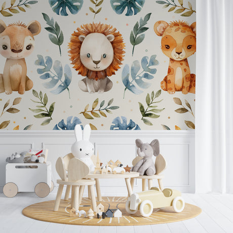 Safari animals wallpaper bringing warmth to a modern nursery with watercolor lions and gentle monstera leaves