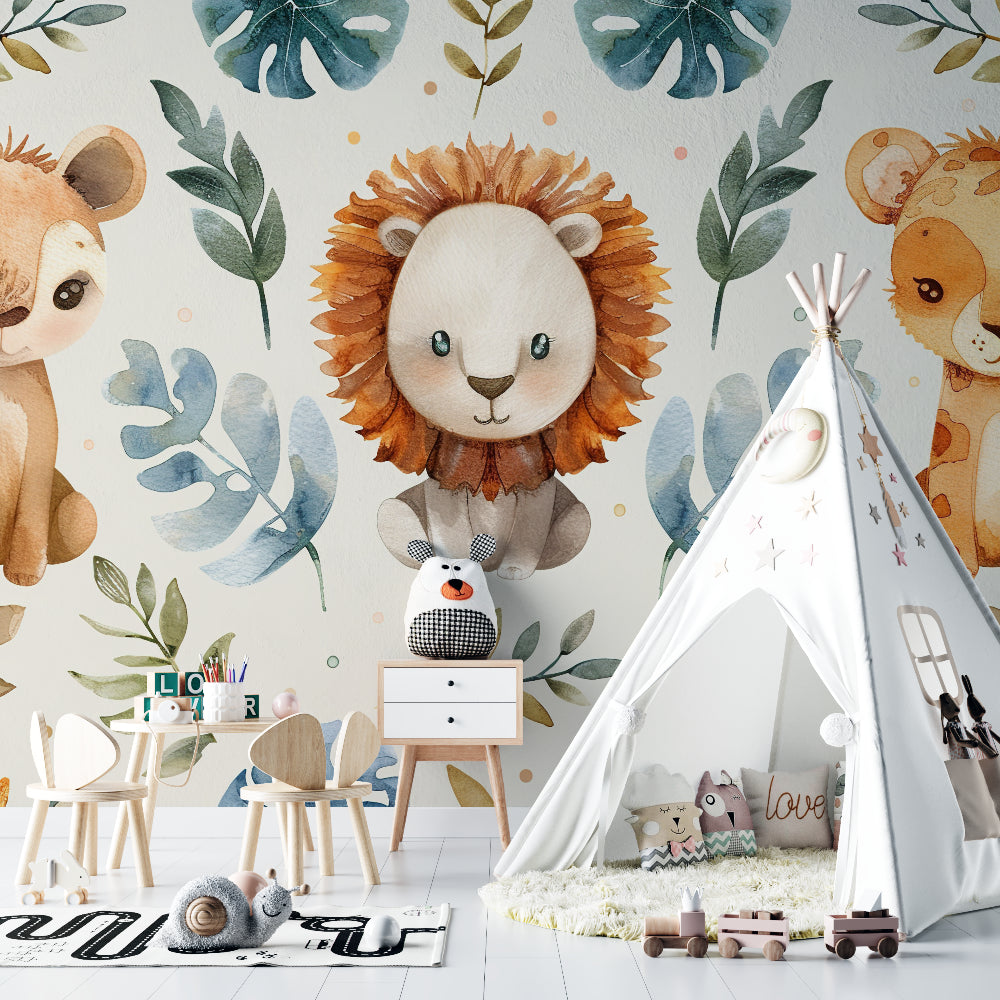 Watercolor jungle mural creating a cozy reading nook in a children's bedroom