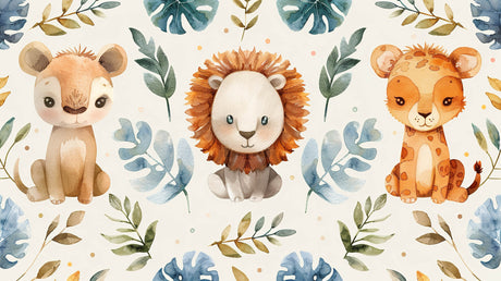 Watercolor Safari Lions and Monstera design file showing detailed pattern and soft color palette