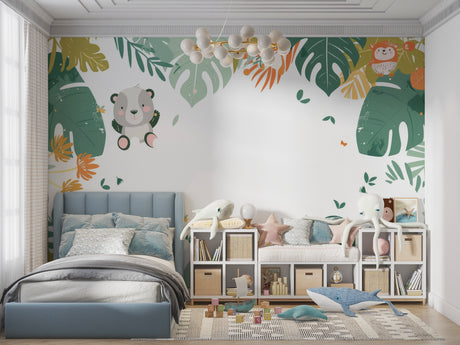 Jungle Kids Wallpaper in bright nursery with white furniture showing playful panda and monkey characters