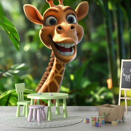 Charming 3D Giraffe Jungle Wallpaper creating a playful atmosphere in a modern nursery with natural lighting