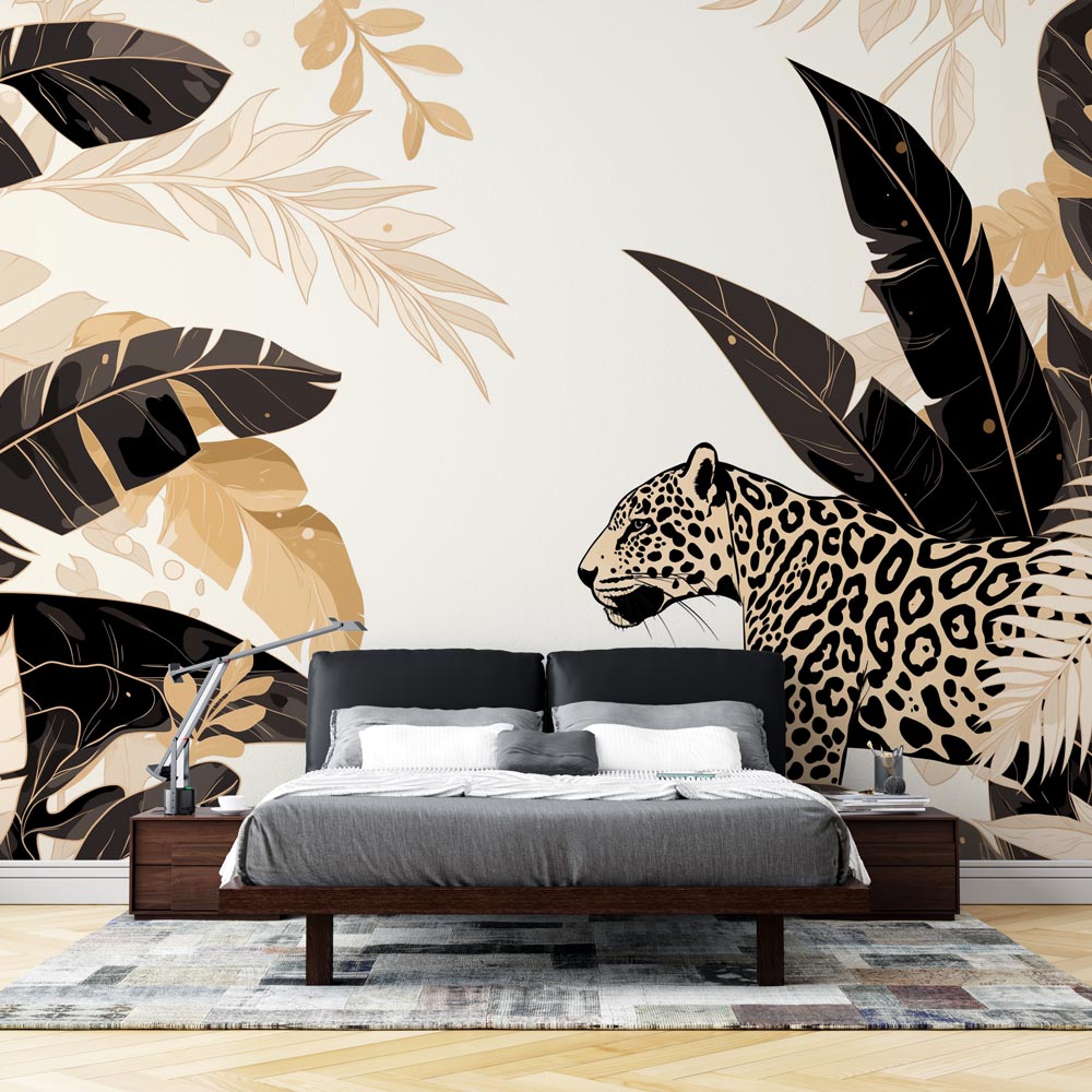 Luxury Black and Gold Leopard Wallpaper creating drama in a modern living room with high ceilings and minimal furniture
