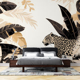 Luxury Black and Gold Leopard Wallpaper creating drama in a modern living room with high ceilings and minimal furniture