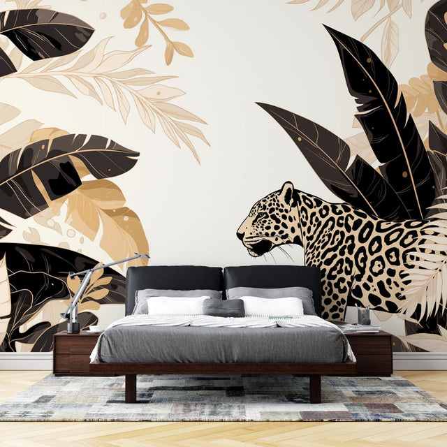 Luxury Black and Gold Leopard Wallpaper creating drama in a modern living room with high ceilings and minimal furniture