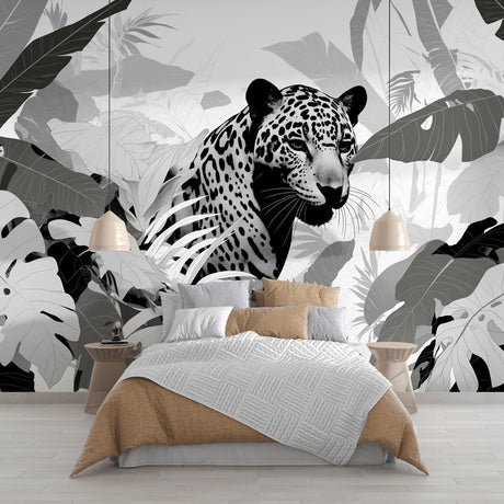 Black and white leopard wallpaper with monstera leaves creating drama in a modern living room setting
