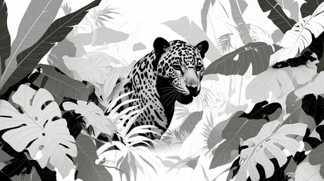 Leopard and monstera design file showing intricate black and white pattern details