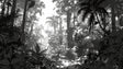 Black and white jungle mural wallpaper creating depth in a modern living room with minimal furniture