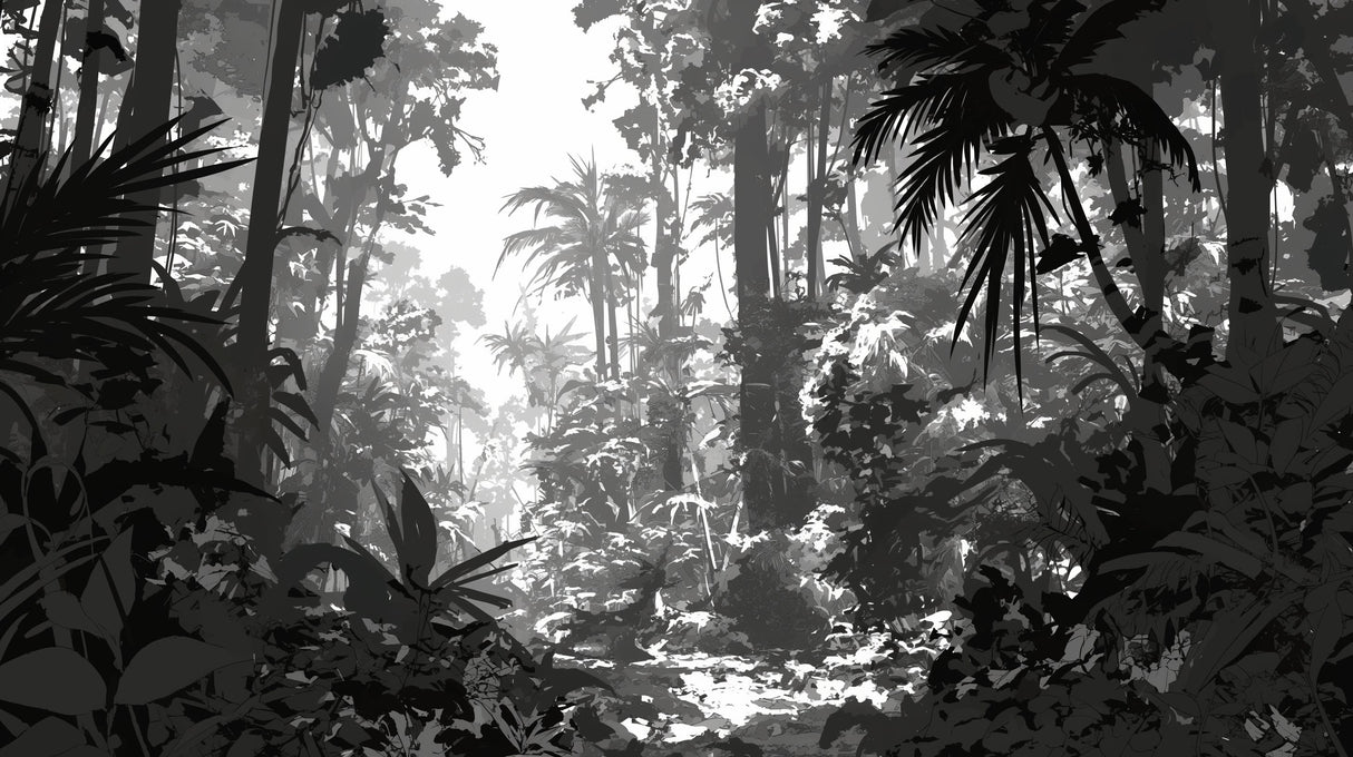 Black and white jungle mural wallpaper creating depth in a modern living room with minimal furniture