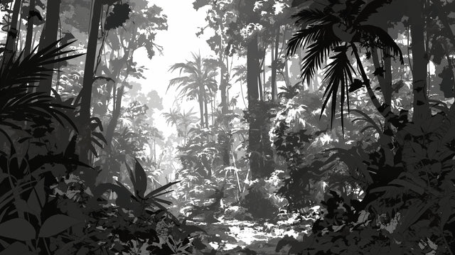 Black and white jungle mural wallpaper creating depth in a modern living room with minimal furniture