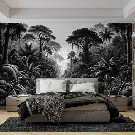 Black and white jungle mural wallpaper creating depth in a modern living room with minimalist furniture