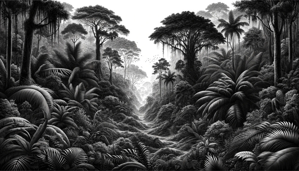 Monochrome tropical forest design file showing detailed jungle pattern and textures