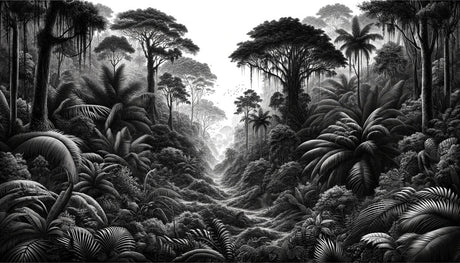 Monochrome tropical forest design file showing detailed jungle pattern and textures