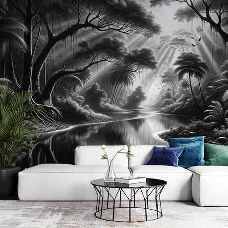 Black and white jungle mural wallpaper creating depth in a modern living room with natural light streaming through windows