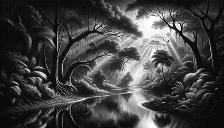 Black and white tropical paradise design file showing detailed palm trees and light rays through jungle canopy