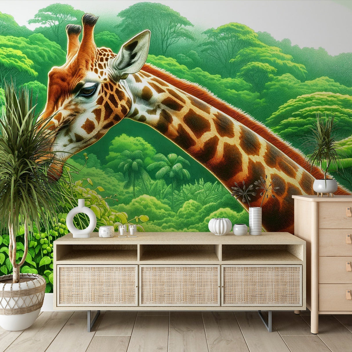Jungle Mural Wallpaper with giraffe design creating a cozy atmosphere in a modern nursery with natural light