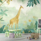 Golden Giraffe jungle wallpaper mural in a bright nursery with natural wood furniture and soft green accents