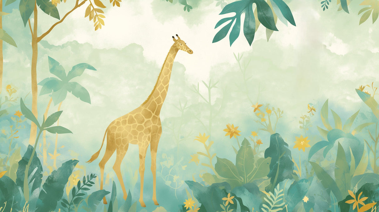 Tropical jungle wallpaper design file with watercolor giraffe and golden botanical elements