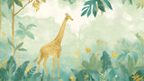 Tropical jungle wallpaper design file with watercolor giraffe and golden botanical elements