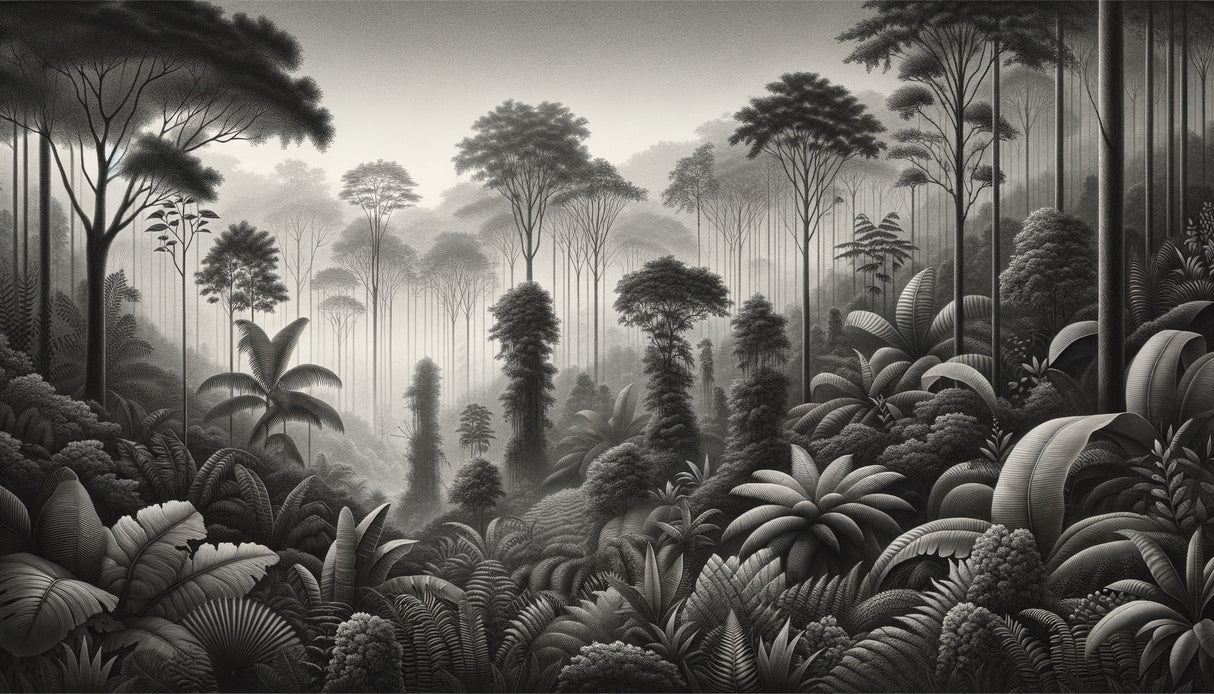 Black and white jungle mural wallpaper creating depth in modern living room setting