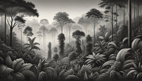 Black and white jungle mural wallpaper creating depth in modern living room setting