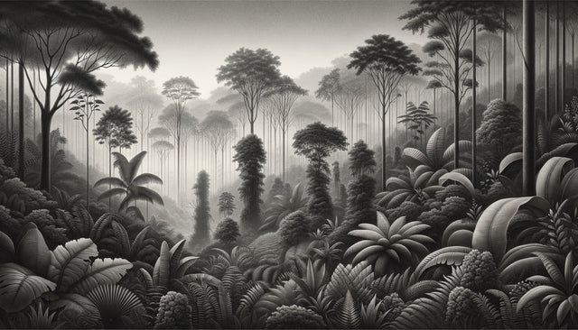 Black and white jungle mural wallpaper creating depth in modern living room setting