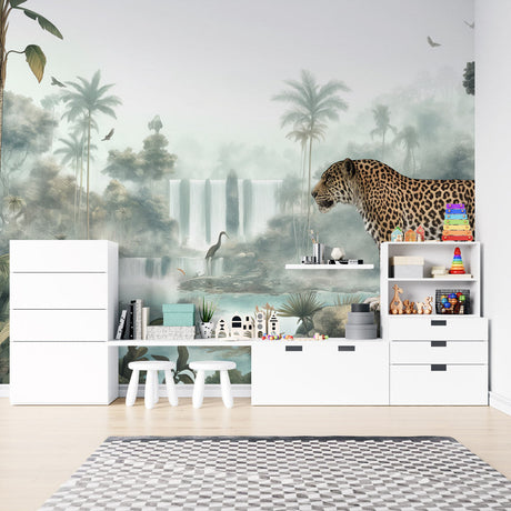 Jungle leopard wallpaper mural bringing wild beauty to a modern living room with soft lighting