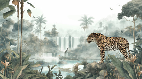 Tropical waterfall mural with leopard creating depth in a cozy bedroom setting