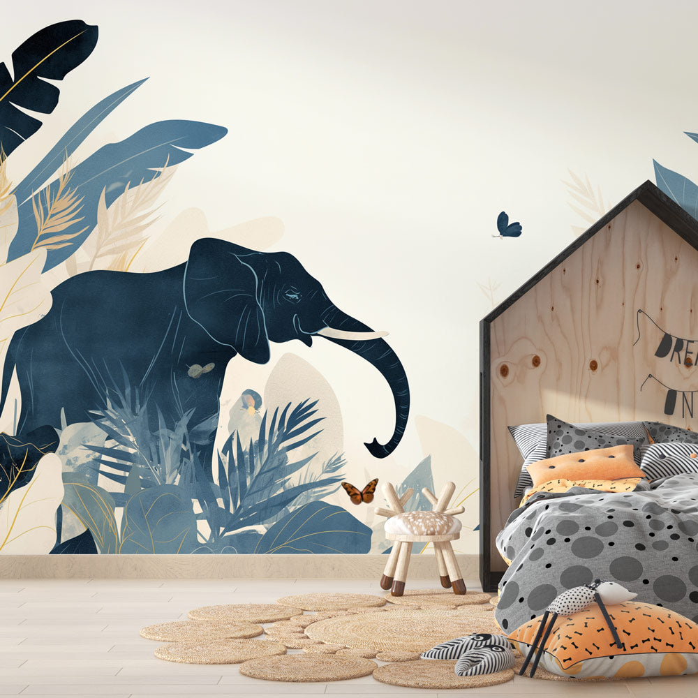 Modern Jungle Elephant Wallpaper creating a peaceful atmosphere in a minimalist living room with natural light