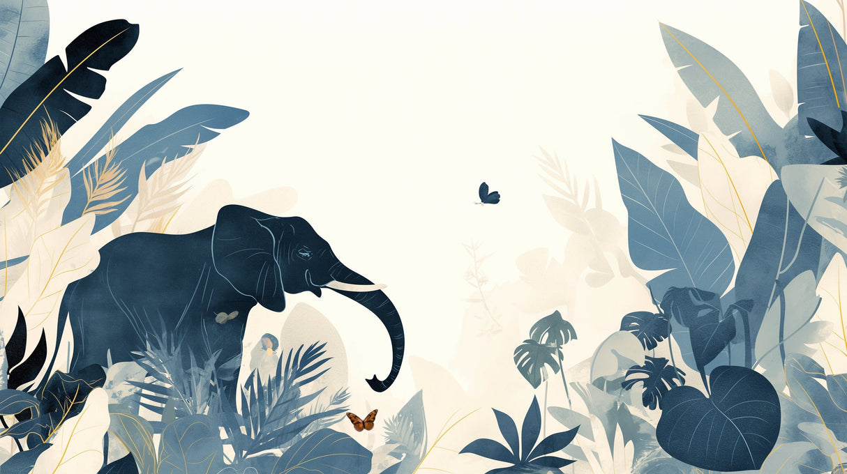Jungle Elephant Wallpaper design file showing navy blue elephant silhouette with tropical leaves pattern