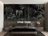 Monochrome jungle wallpaper with elephant in modern living room setting