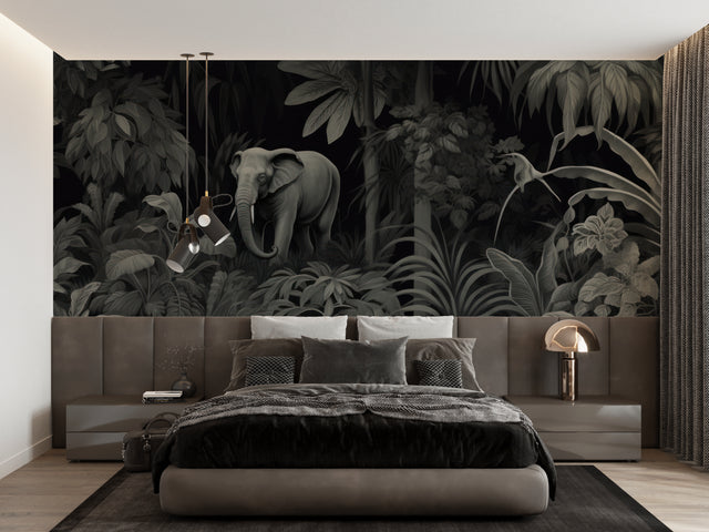 Monochrome jungle wallpaper with elephant in modern living room setting