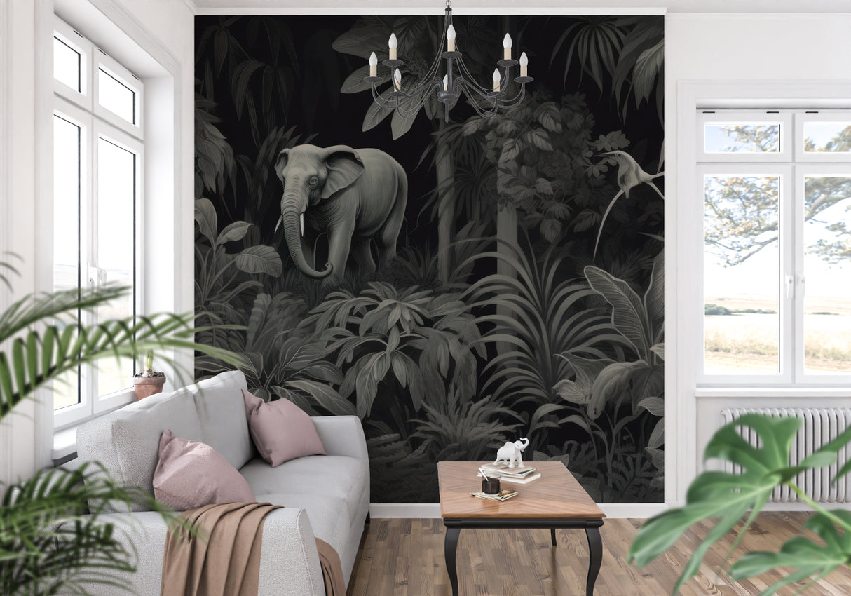 Black and white elephant forest mural in cozy bedroom interior