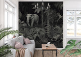 Black and white elephant forest mural in cozy bedroom interior