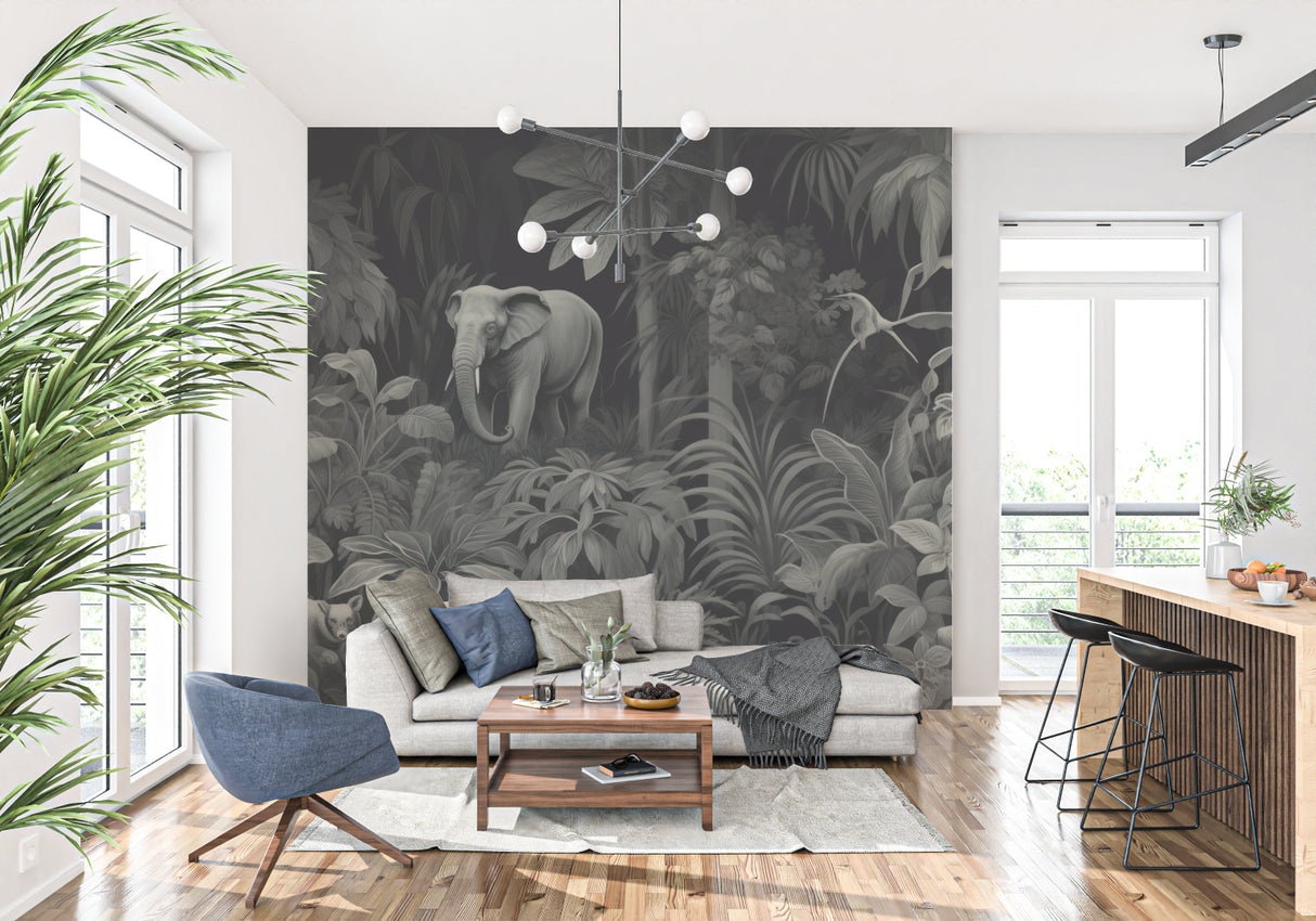 Dramatic jungle wall mural featuring elephant in home office space