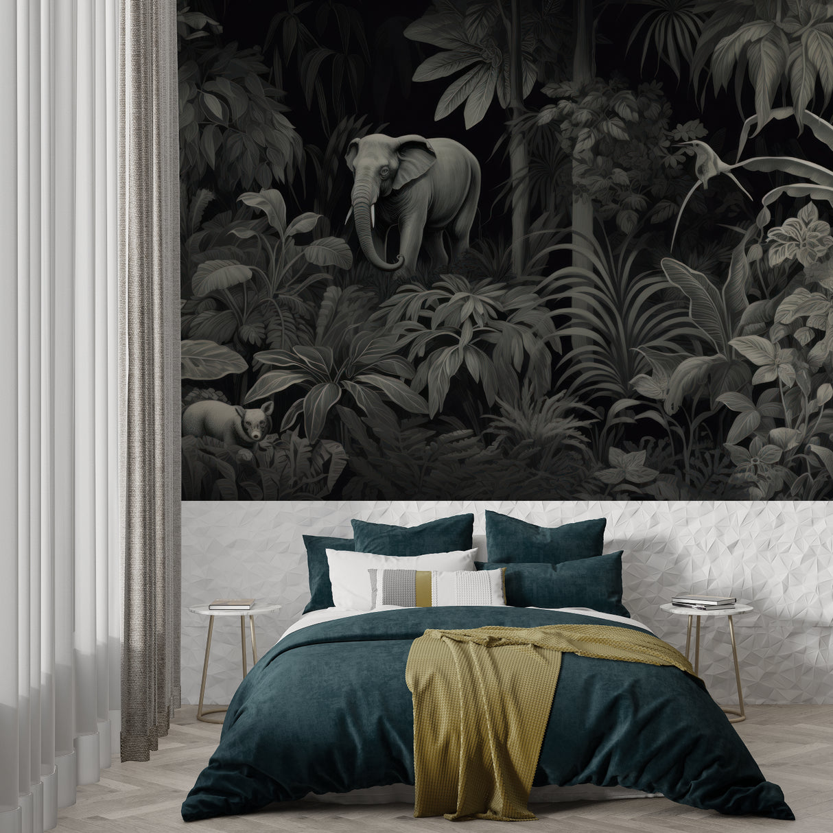 Monochrome tropical elephant wallpaper in dining room setting