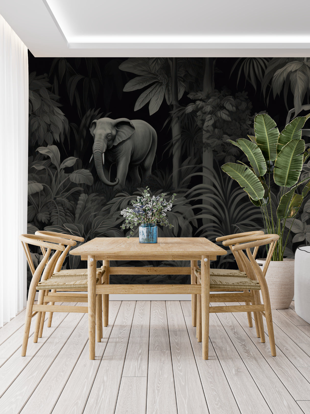 Elephant forest wall mural creating focal point in entryway