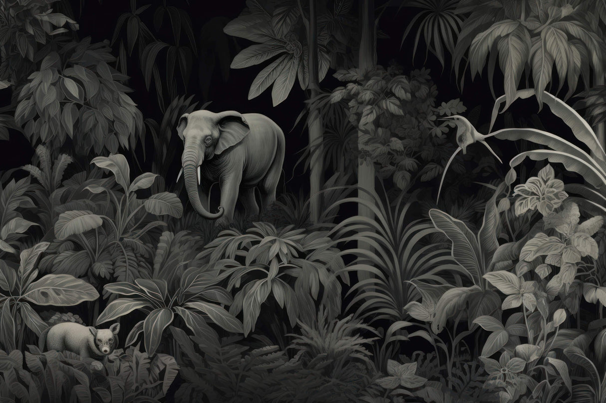 Design file of black and white jungle pattern with detailed elephant and tropical leaves