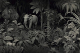 Design file of black and white jungle pattern with detailed elephant and tropical leaves