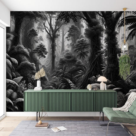 Black and white jungle mural wallpaper styled in modern living room with minimalist furniture and natural light