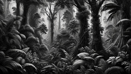Monochrome forest landscape wallpaper design file showing detailed tropical foliage pattern