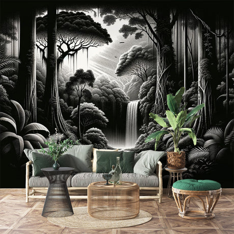 Black and white jungle wallpaper with waterfall creating dramatic atmosphere in modern living room