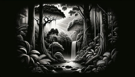 Monochrome tropical waterfall design file showing intricate jungle detail pattern