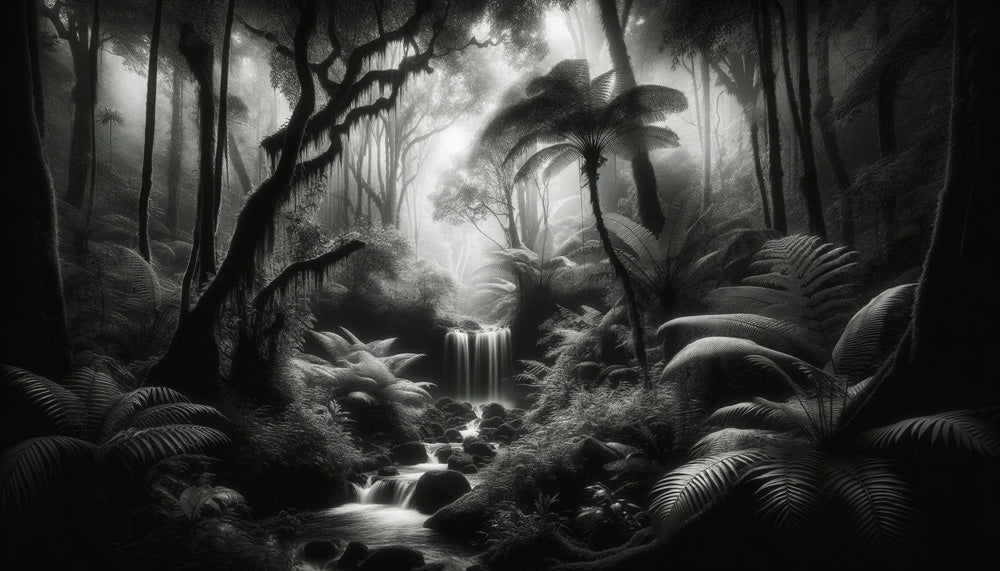 Monochrome jungle waterfall wallpaper design file showing intricate tropical pattern and waterfall details