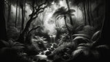 Monochrome jungle waterfall wallpaper design file showing intricate tropical pattern and waterfall details